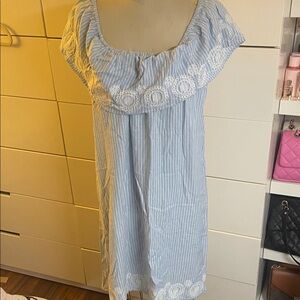 Blue and White Striped Dress with Lace Detail off the shoulder